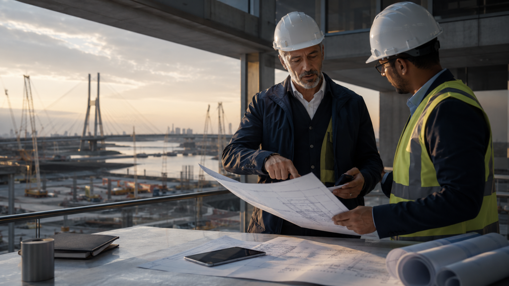 Quantity surveyor reviewing plans on construction site